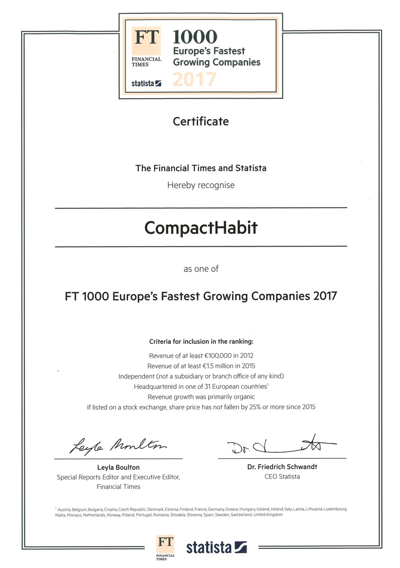 Certificat Financial Times FT1000 compacthabit fast growing companies
